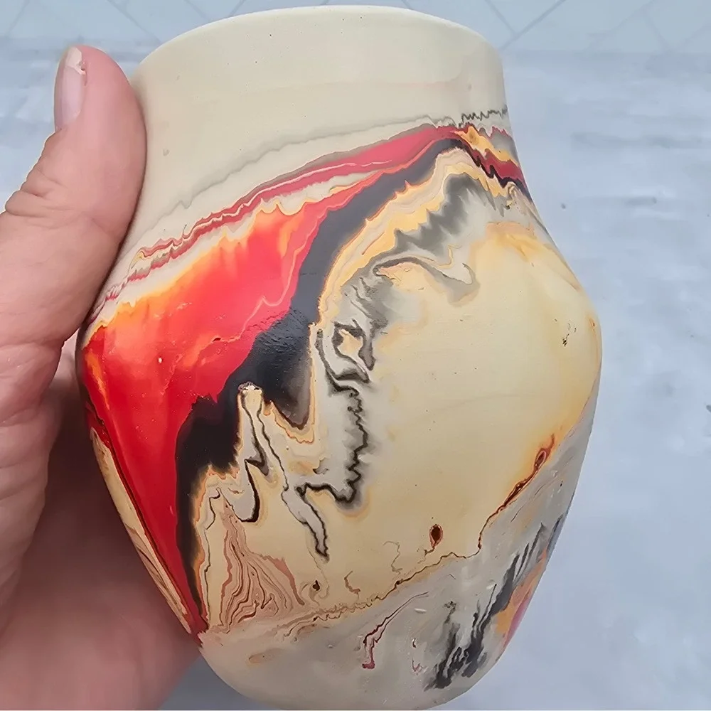 Nemadji Native American Clay Pottery Marbled Swirl Vases Set of 2 Red Orange Tan